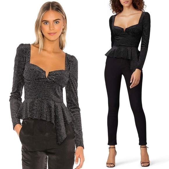 SAYLOR 90s Velvet Long Sleeve Square Neck Fitted Bustier Style Draped Peplum Top - Picture 1 of 9